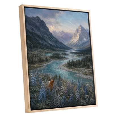 Fox Above the River, blue, gray, green nature wall art shown as a oak framed canvas wall art