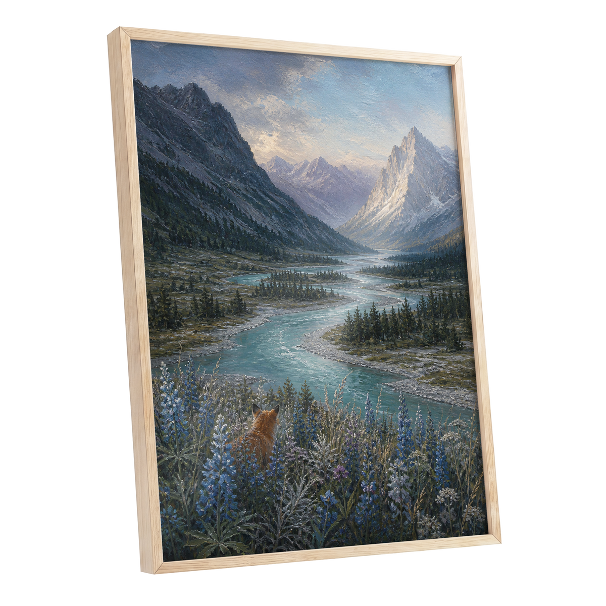 Fox Above the River, blue, gray, green nature wall art shown as a oak framed poster wall art print