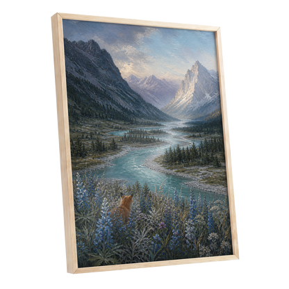 Fox Above the River, blue, gray, green nature wall art shown as a oak framed poster wall art print