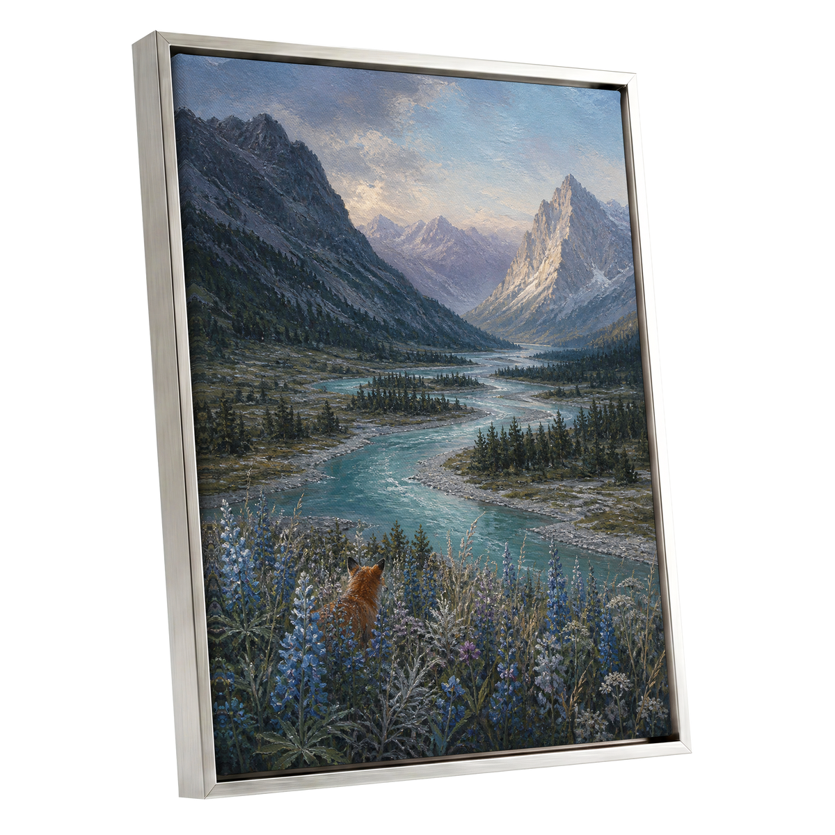 Fox Above the River, blue, gray, green nature wall art shown as a silver framed canvas wall art