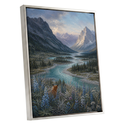Fox Above the River, blue, gray, green nature wall art shown as a silver framed canvas wall art