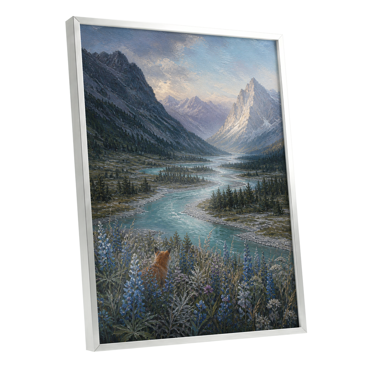 Fox Above the River, blue, gray, green nature wall art shown as a silver framed poster wall art print