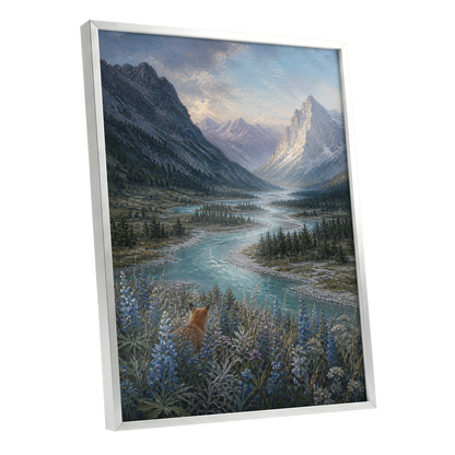 Fox Above the River, blue, gray, green nature wall art shown as a silver framed poster wall art print