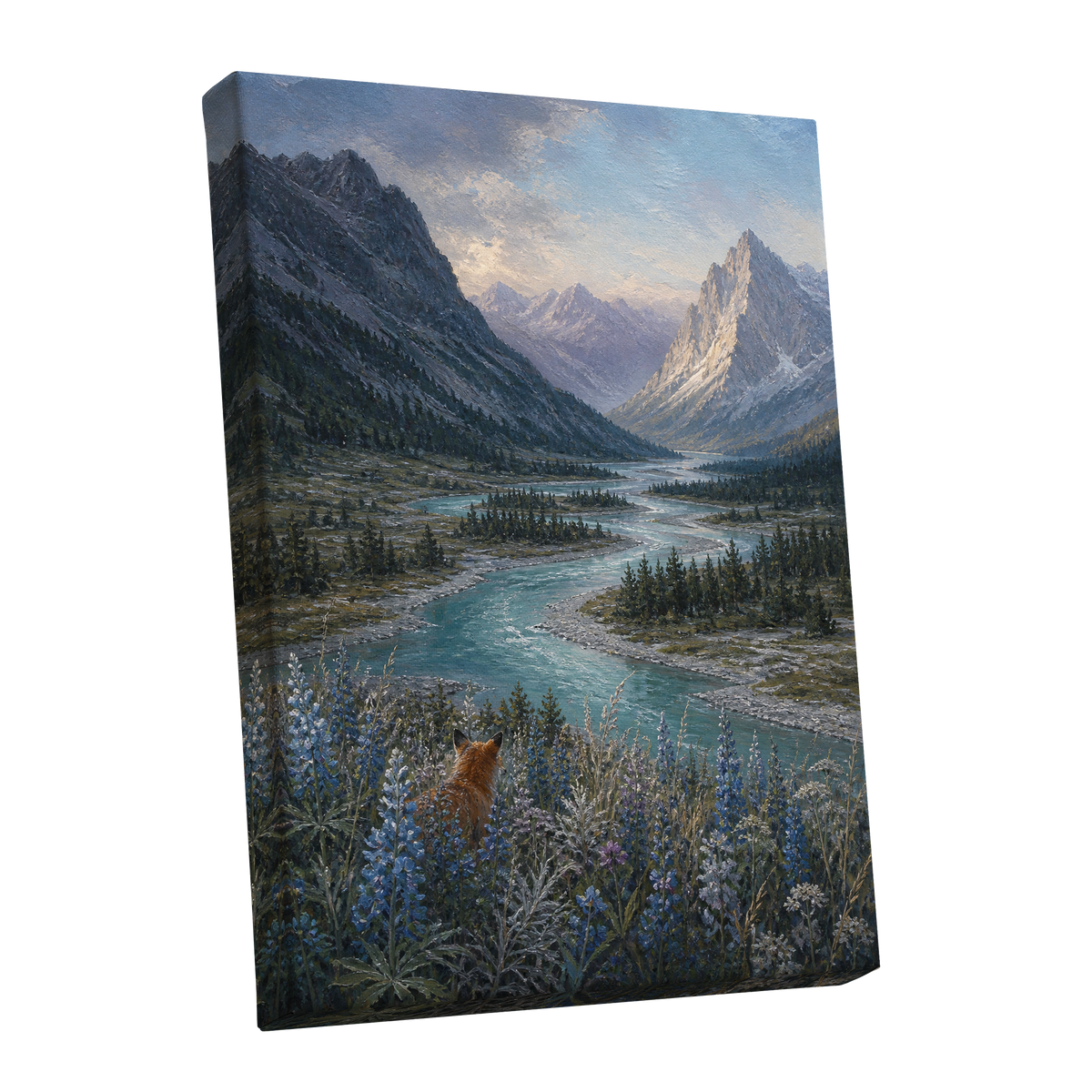Fox Above the River, blue, gray, green nature wall art shown as a stretched canvas wall art