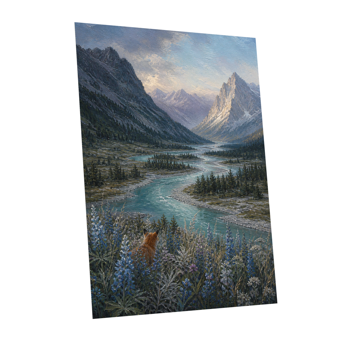 Fox Above the River, blue, gray, green nature wall art shown as a unframed poster wall art print
