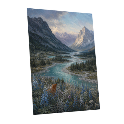 Fox Above the River, blue, gray, green nature wall art shown as a unframed poster wall art print