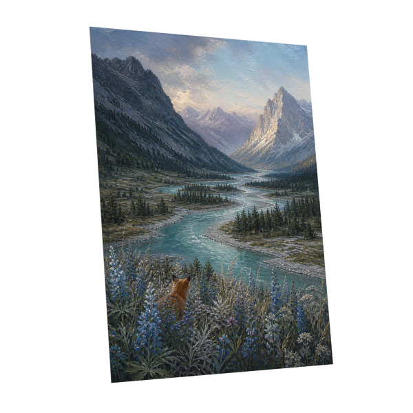 Fox Above the River, blue, gray, green nature wall art shown as a unframed poster wall art print
