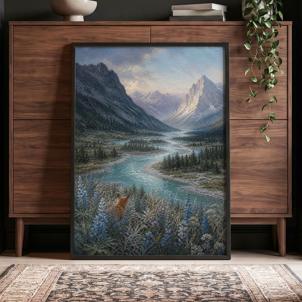 Fox Above the River, blue, gray, green nature wall art displayed in a styled interior, gallery view 2