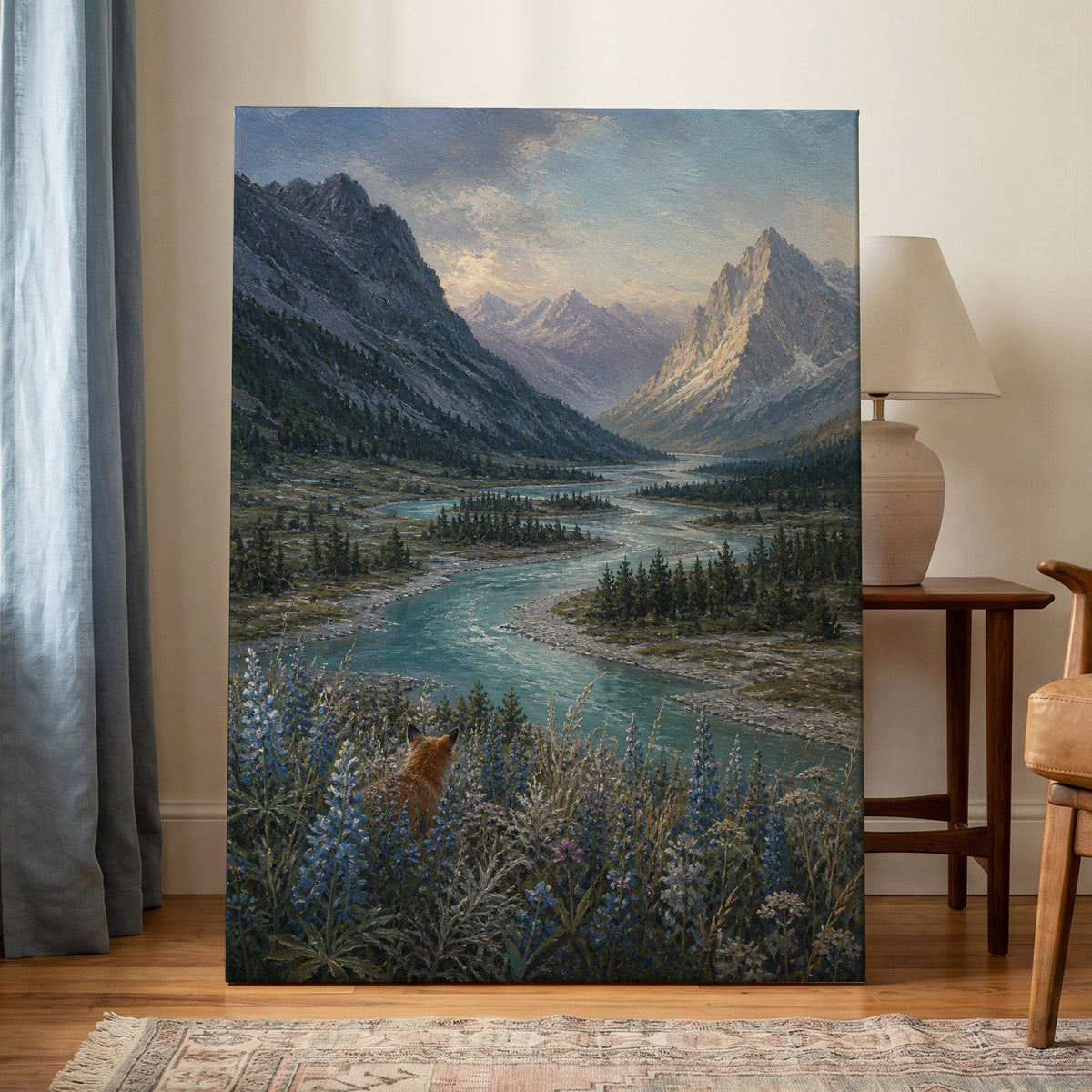 Fox Above the River, blue, gray, green nature wall art displayed in a styled interior, gallery view 3