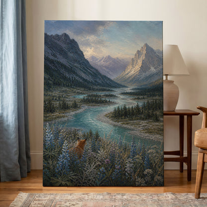 Fox Above the River, blue, gray, green nature wall art displayed in a styled interior, gallery view 3