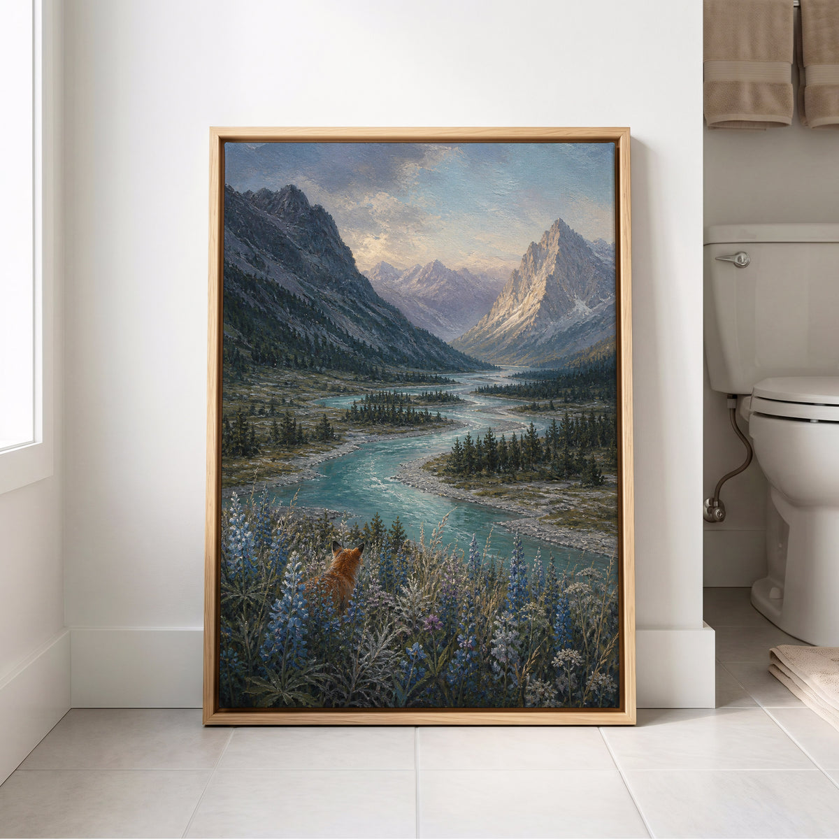 Fox Above the River, blue, gray, green nature wall art displayed in a styled interior, gallery view 4