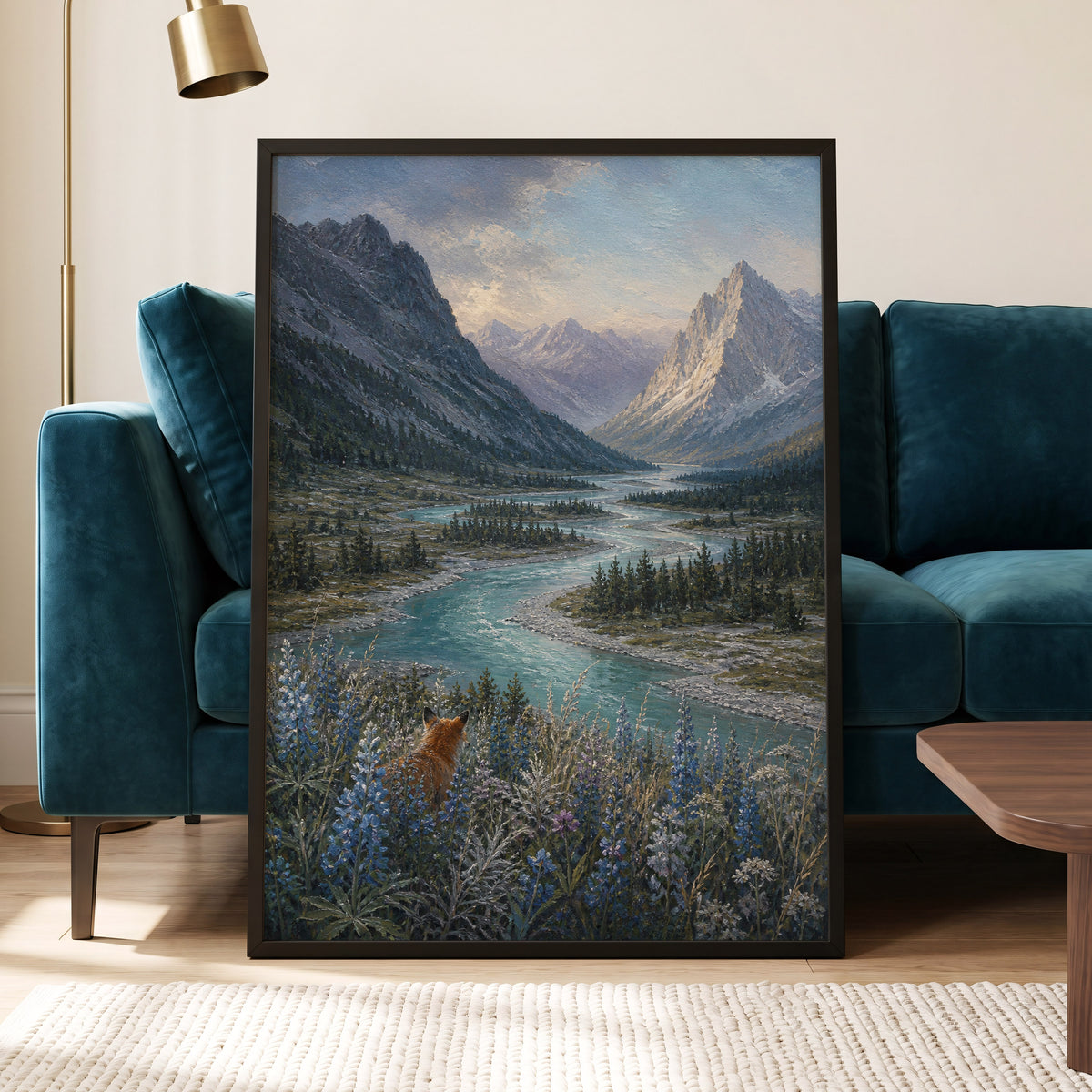 Fox Above the River, blue, gray, green nature wall art displayed in a styled interior, gallery view 6