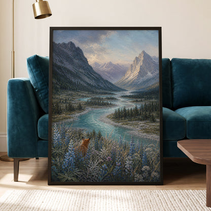 Fox Above the River, blue, gray, green nature wall art displayed in a styled interior, gallery view 6