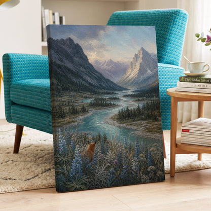 Fox Above the River, blue, gray, green nature wall art displayed in a styled interior, gallery view 7