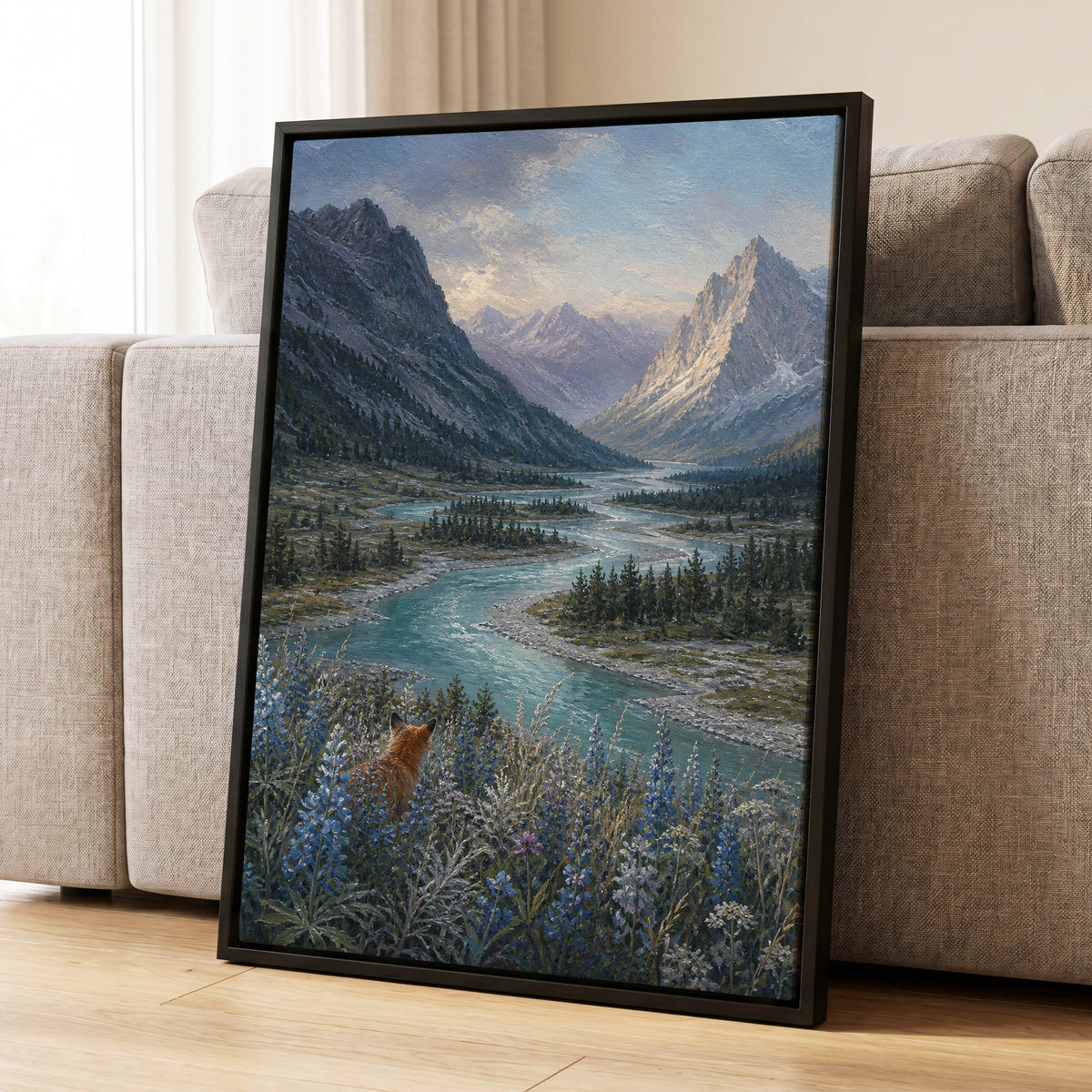 Fox Above the River, blue, gray, green nature wall art displayed in a styled interior, gallery view 8