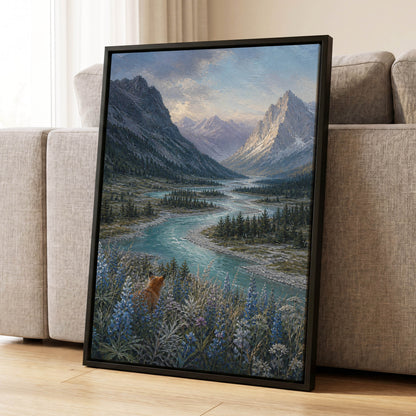 Fox Above the River, blue, gray, green nature wall art displayed in a styled interior, gallery view 8