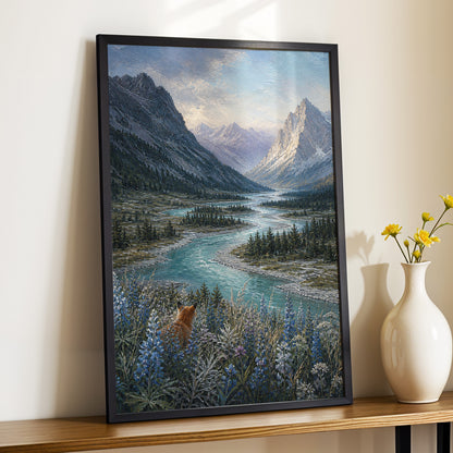 Fox Above the River, blue, gray, green nature wall art displayed in a styled interior, gallery view 9