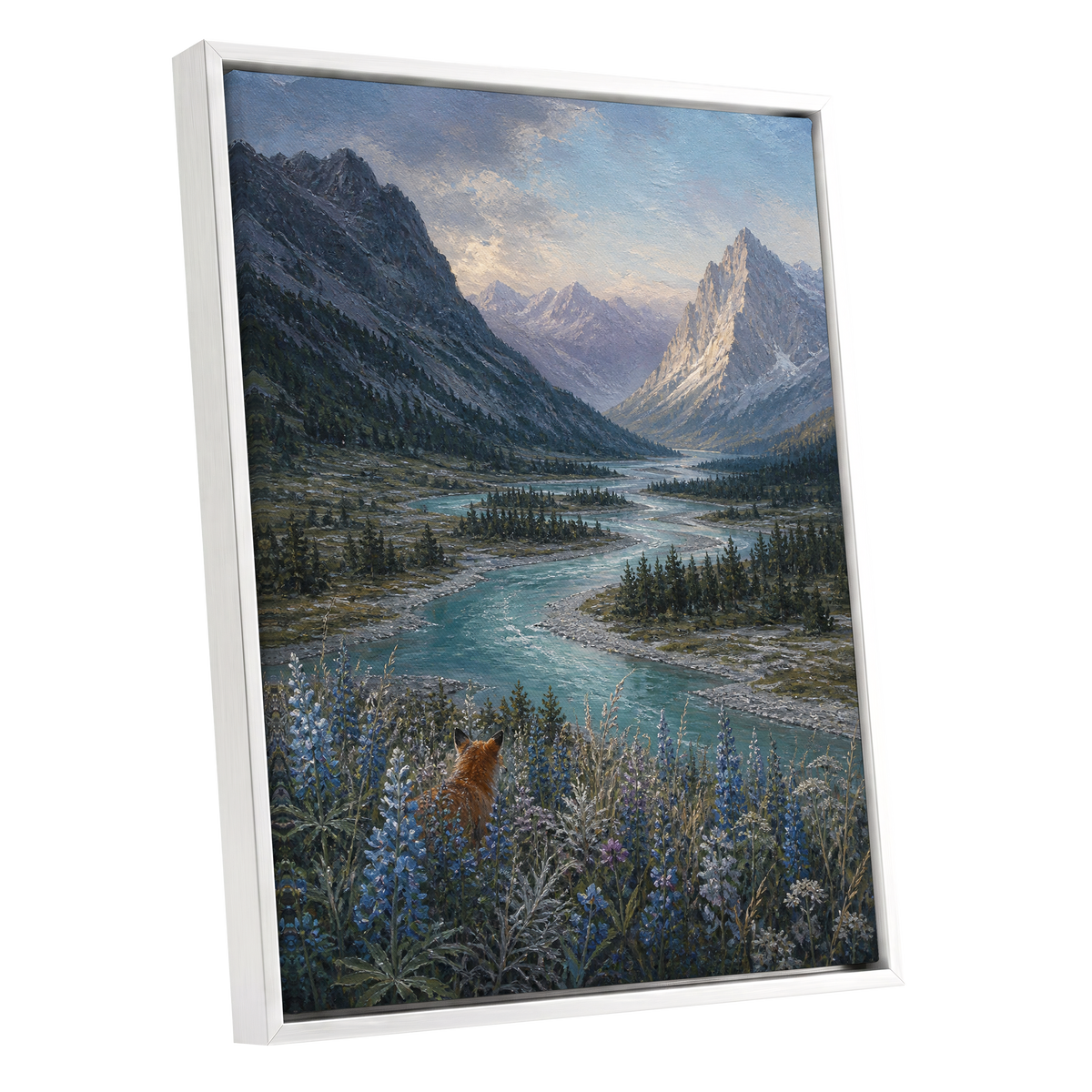 Fox Above the River, blue, gray, green nature wall art shown as a white framed canvas wall art