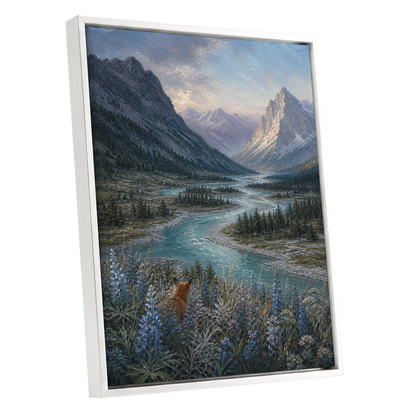 Fox Above the River, blue, gray, green nature wall art shown as a white framed canvas wall art