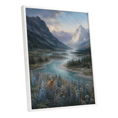 Fox Above the River, blue, gray, green nature wall art shown as a white framed poster wall art print