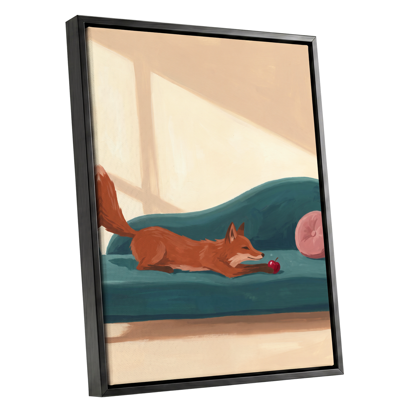 Fox at Rest, green, beige, brown nature wall art shown as a black framed canvas wall art
