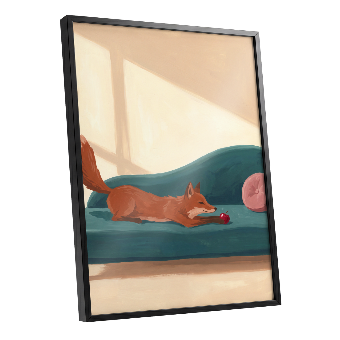 Fox at Rest, green, beige, brown nature wall art shown as a black framed poster wall art print