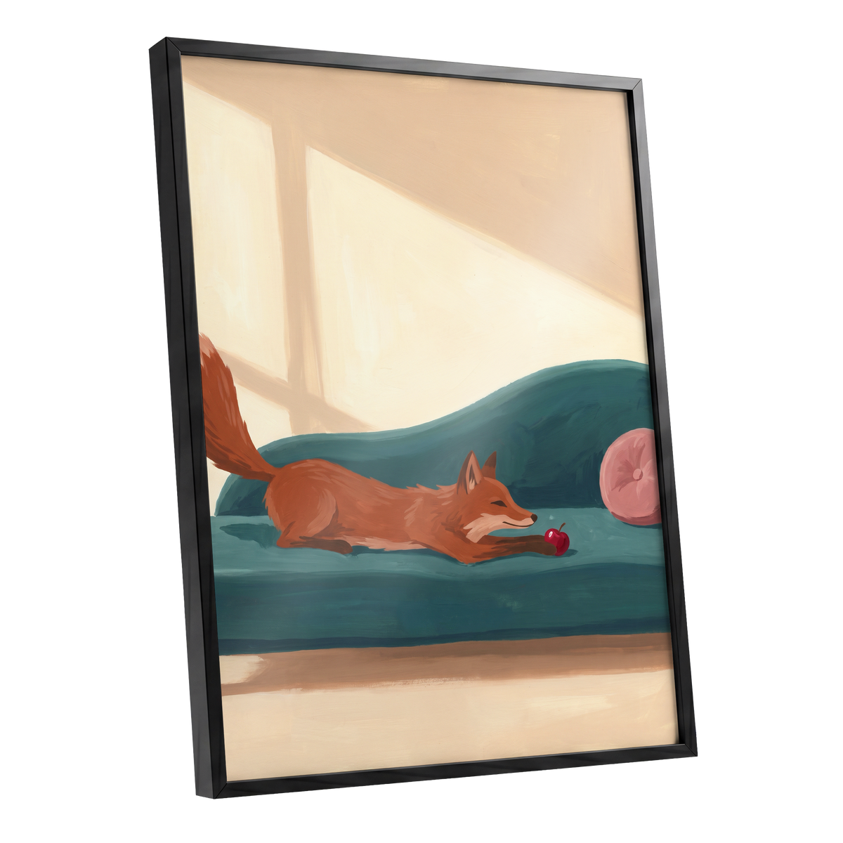 Fox at Rest, green, beige, brown nature wall art shown as a black framed poster wall art print