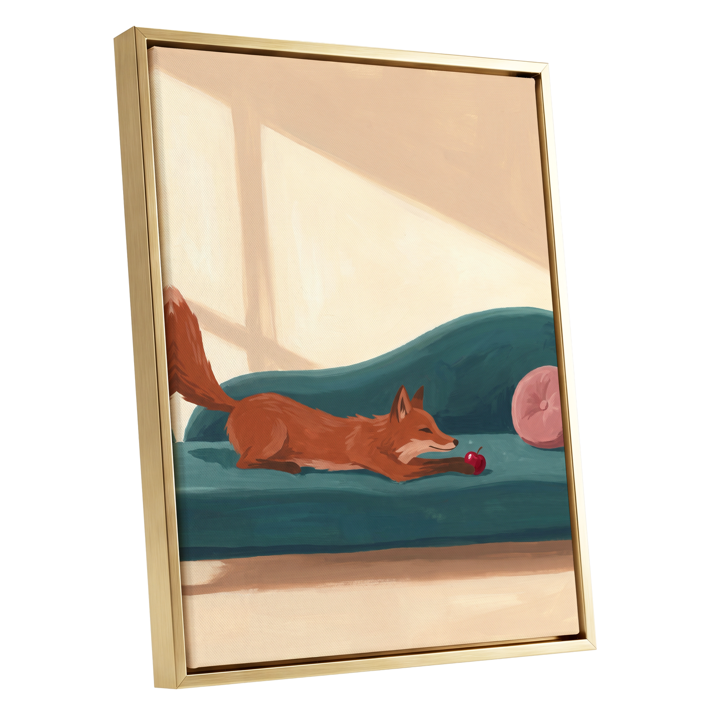Fox at Rest, green, beige, brown nature wall art shown as a gold framed canvas wall art