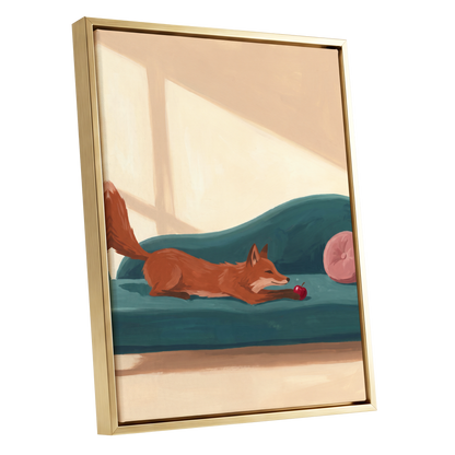 Fox at Rest, green, beige, brown nature wall art shown as a gold framed canvas wall art
