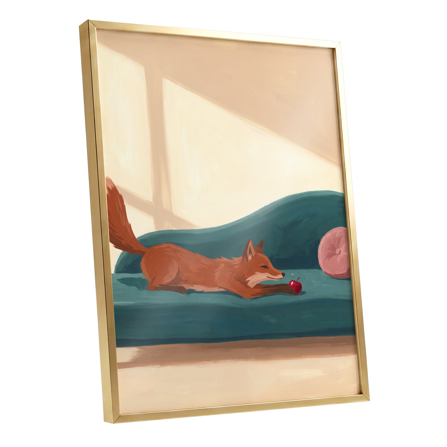 Fox at Rest, green, beige, brown nature wall art shown as a gold framed poster wall art print