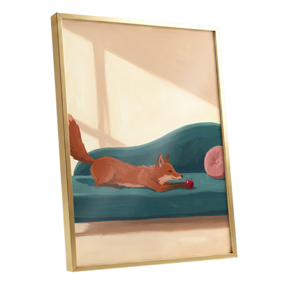 Fox at Rest, green, beige, brown nature wall art shown as a gold framed poster wall art print