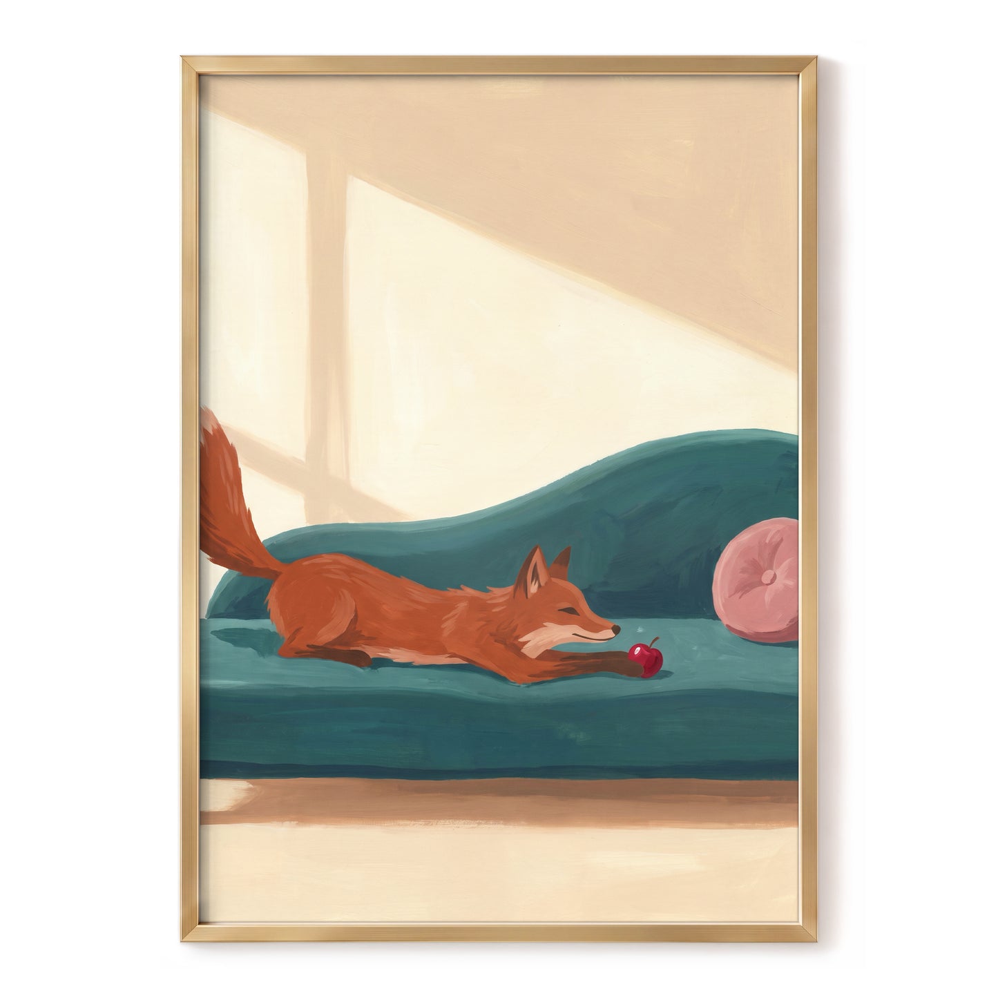 Fox at Rest, green, beige, brown nature wall art, front artwork view