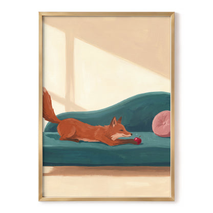 Fox at Rest, green, beige, brown nature wall art, front artwork view
