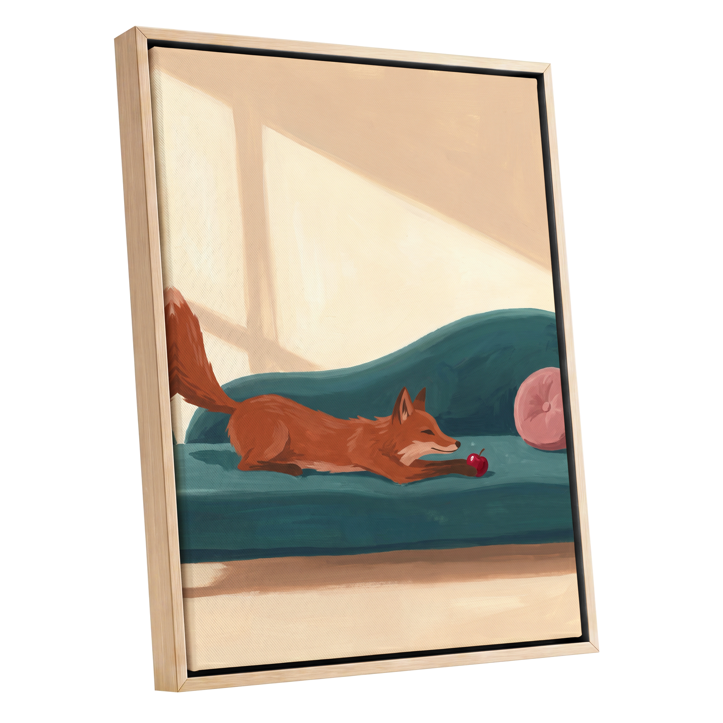 Fox at Rest, green, beige, brown nature wall art shown as a oak framed canvas wall art