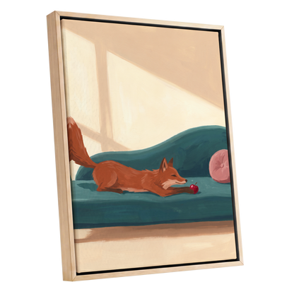 Fox at Rest, green, beige, brown nature wall art shown as a oak framed canvas wall art