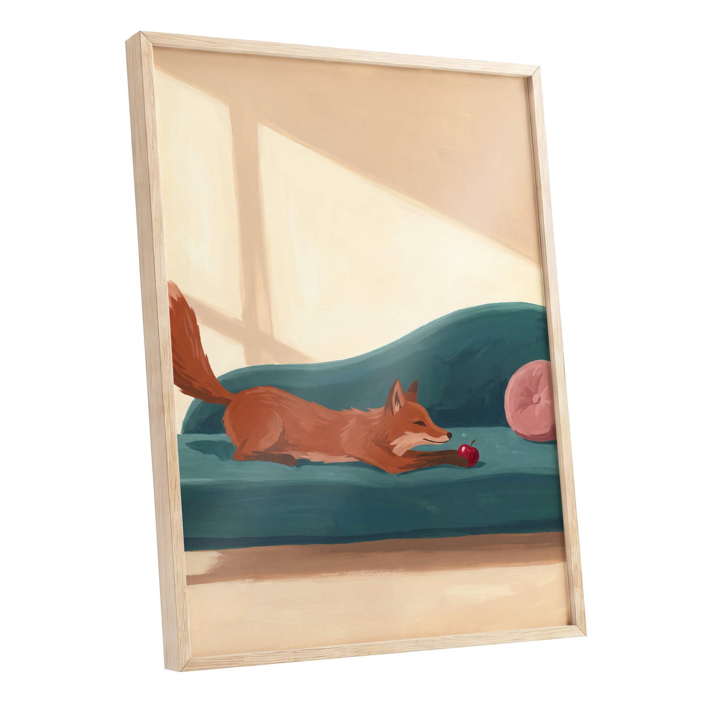 Fox at Rest, green, beige, brown nature wall art shown as a oak framed poster wall art print