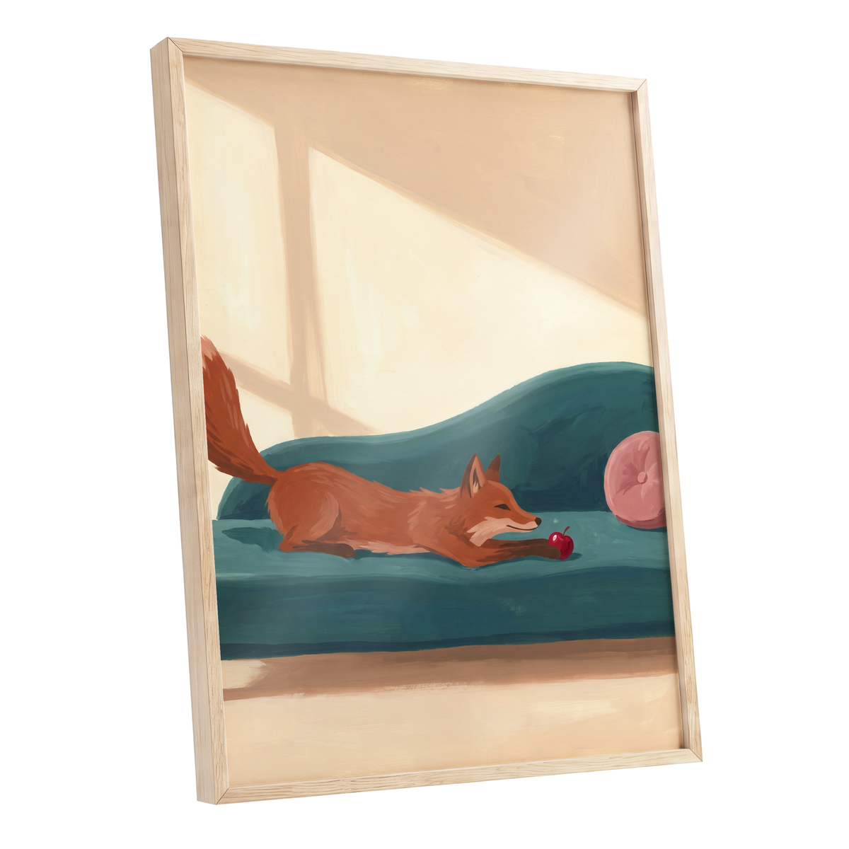 Fox at Rest, green, beige, brown nature wall art shown as a oak framed poster wall art print