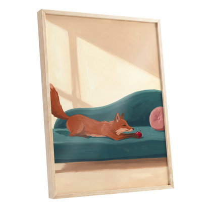 Fox at Rest, green, beige, brown nature wall art shown as a oak framed poster wall art print