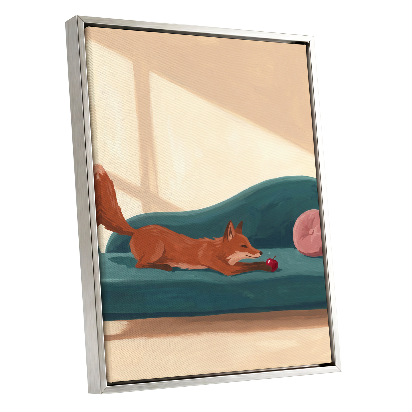 Fox at Rest, green, beige, brown nature wall art shown as a silver framed canvas wall art