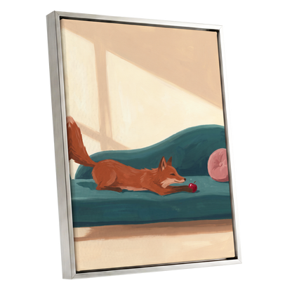 Fox at Rest, green, beige, brown nature wall art shown as a silver framed canvas wall art