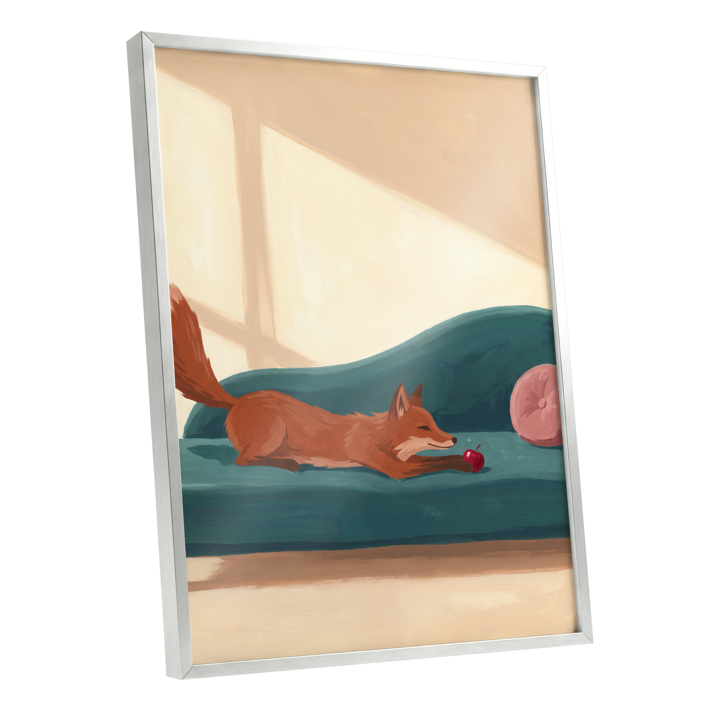 Fox at Rest, green, beige, brown nature wall art shown as a silver framed poster wall art print