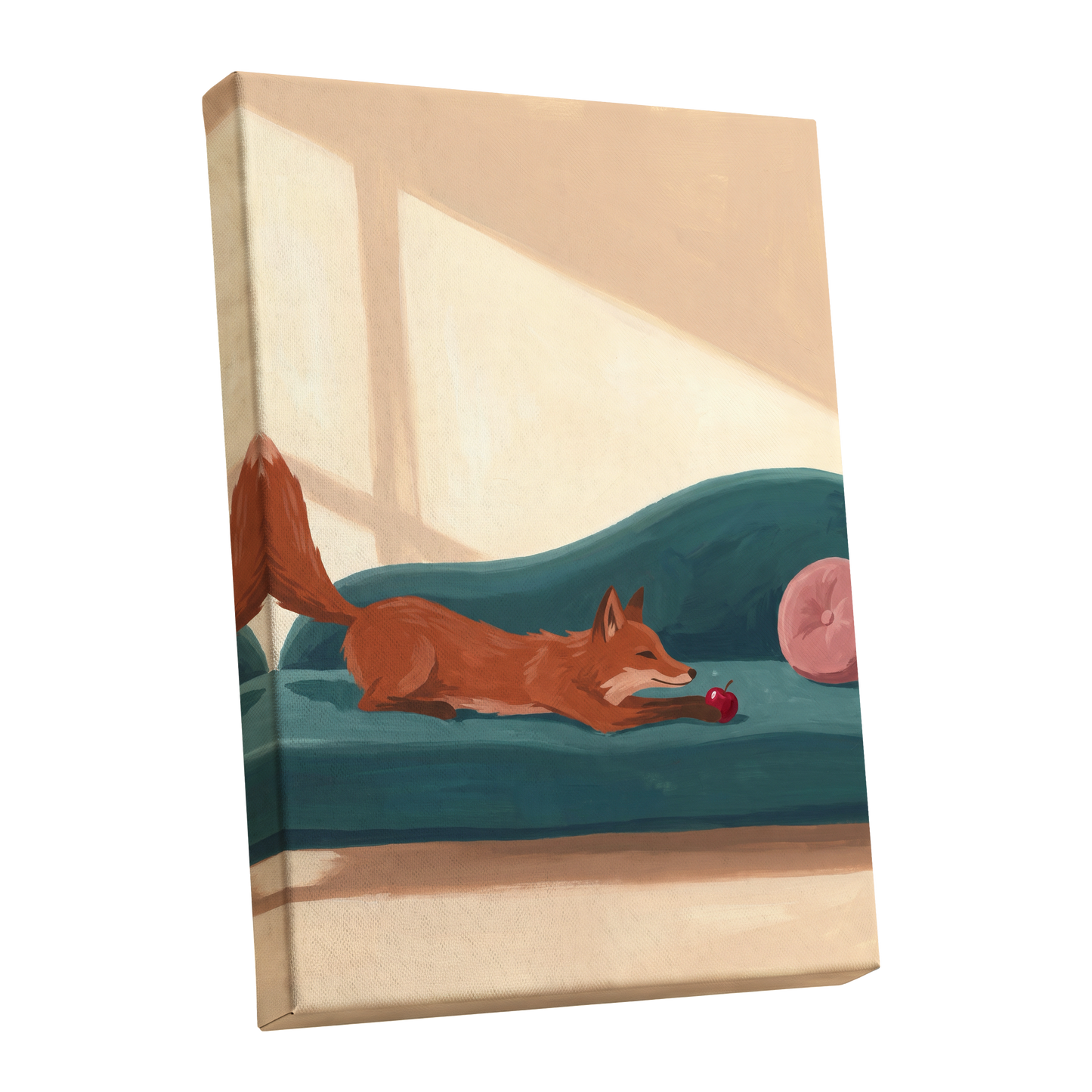 Fox at Rest, green, beige, brown nature wall art shown as a stretched canvas wall art