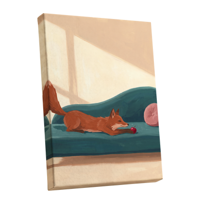 Fox at Rest, green, beige, brown nature wall art shown as a stretched canvas wall art