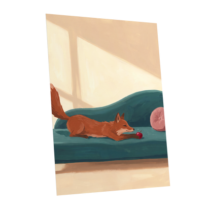 Fox at Rest, green, beige, brown nature wall art shown as a unframed poster wall art print