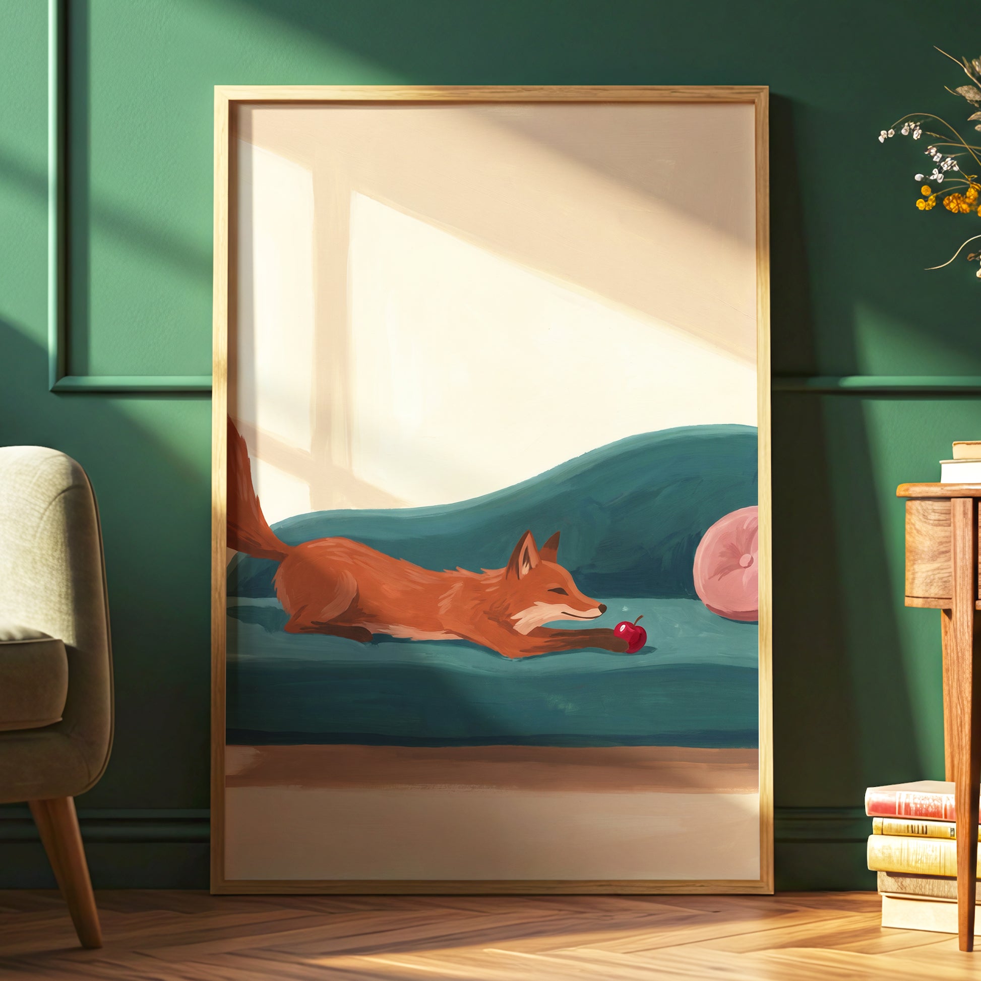 Fox at Rest, green, beige, brown nature wall art displayed in a styled interior, gallery view 2