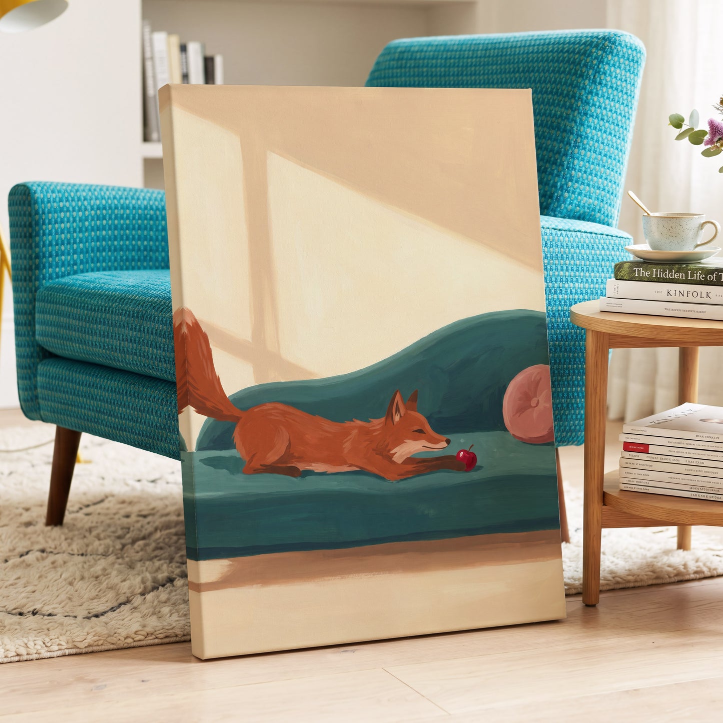 Fox at Rest, green, beige, brown nature wall art displayed in a styled interior, gallery view 3