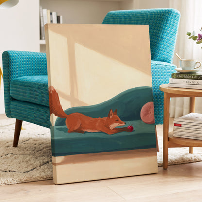 Fox at Rest, green, beige, brown nature wall art displayed in a styled interior, gallery view 3
