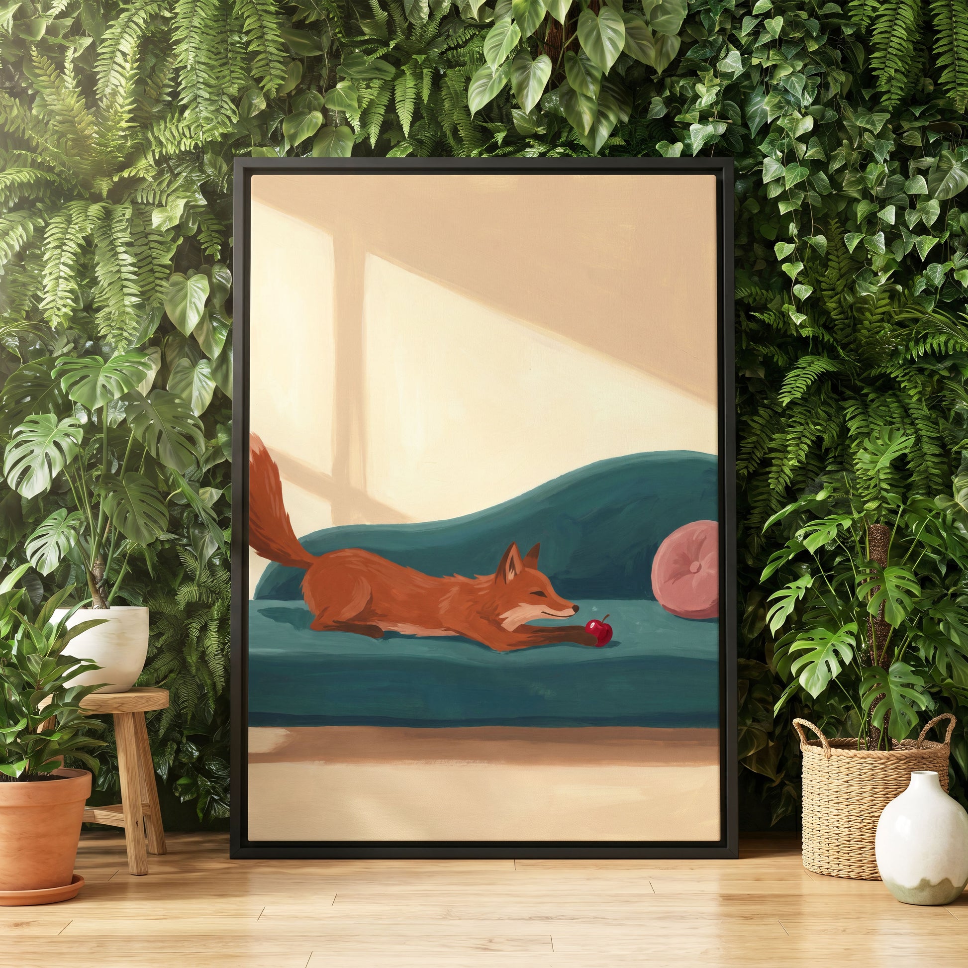 Fox at Rest, green, beige, brown nature wall art displayed in a styled interior, gallery view 4
