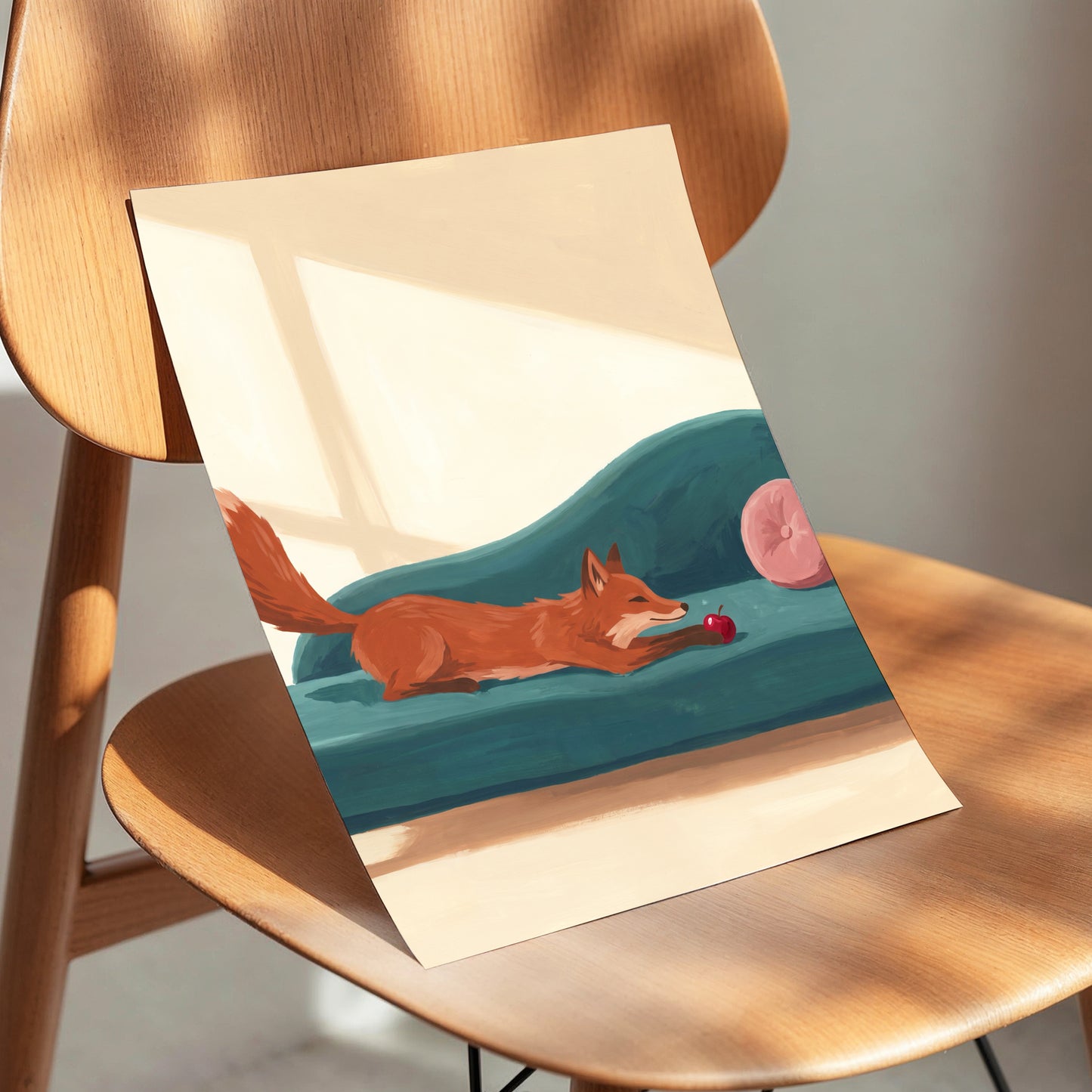 Fox at Rest, green, beige, brown nature wall art displayed in a styled interior, gallery view 5