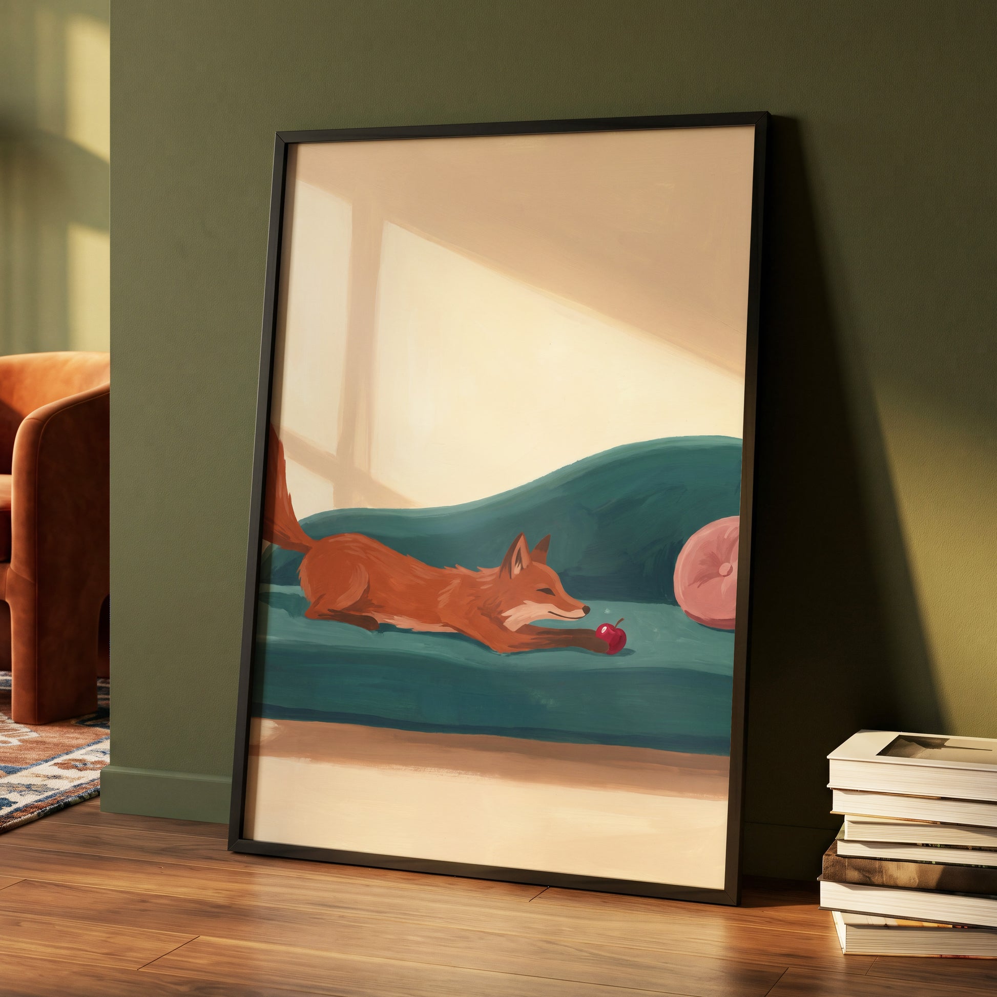 Fox at Rest, green, beige, brown nature wall art displayed in a styled interior, gallery view 6